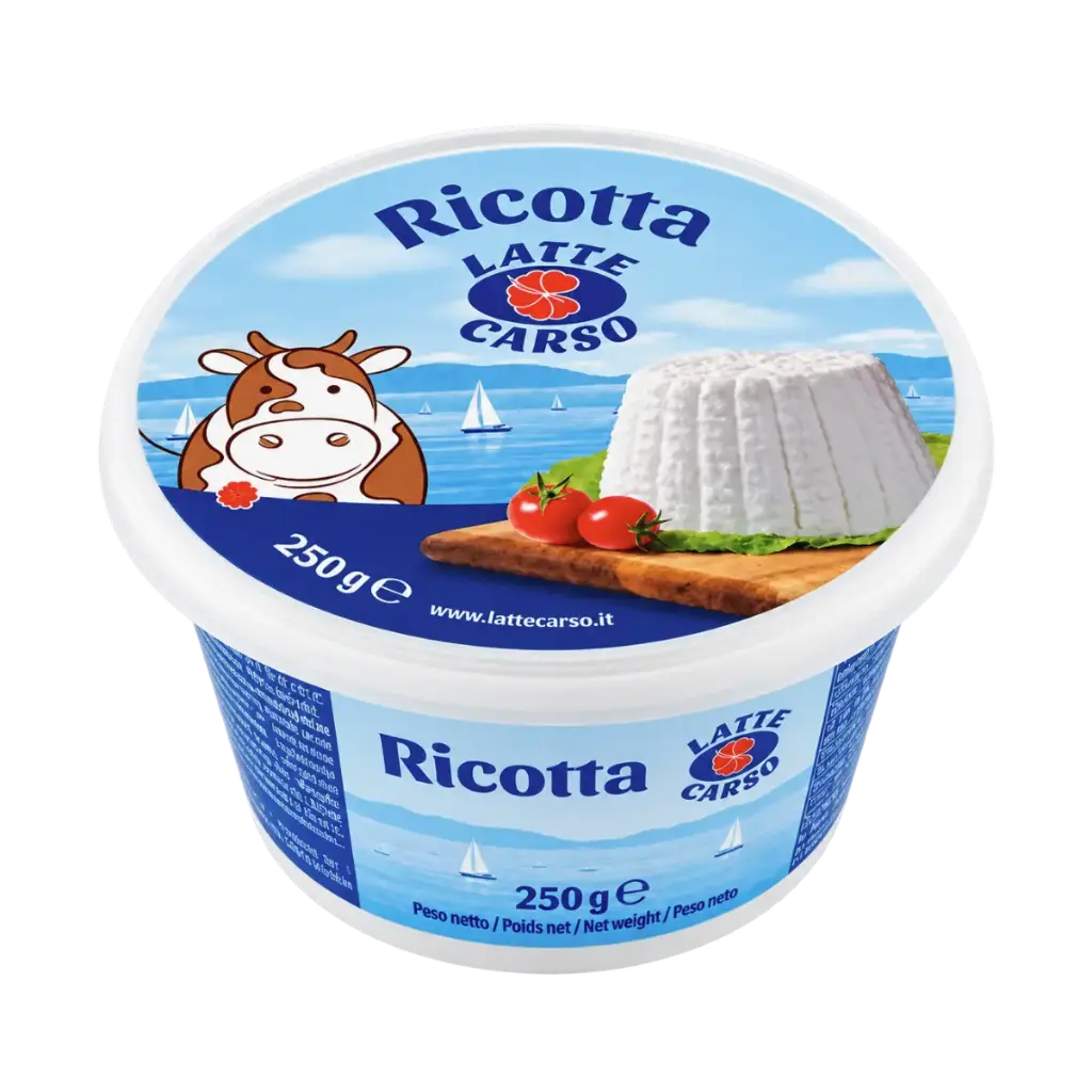 Ricotta italiana Latte Carso en tarrina de 250 g, elaborada con suero de leche de vaca y nata.